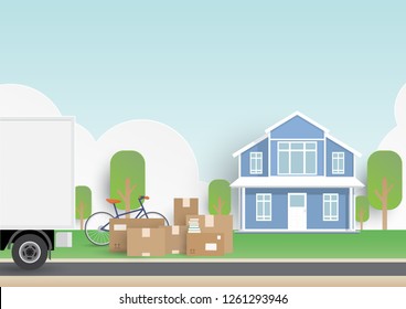 New house for family, moving house, building exterior and pile of stacked cardboard boxes. Vector illustration paper flat design style concept for lifestyle, real estate, property 