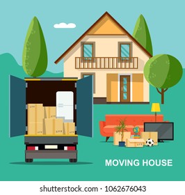 New House For Family. Moving House. Vector Flat Style Illustration