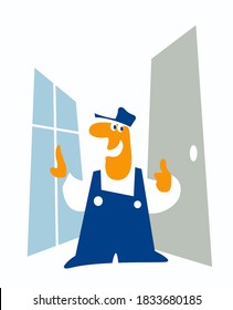 New house. Handyman presents his work. Vector image for logo or illustrations.