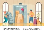 New house interior cartoon composition with moving service bringing refrigerator furniture arranging belongings according instructions vector illustration