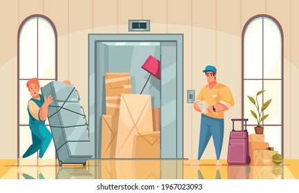 New house interior cartoon composition with moving service bringing refrigerator furniture arranging belongings according instructions vector illustration