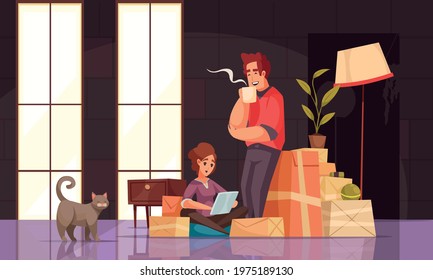 New house interior cartoon compositions young couple with cat packages boxes on floor checking laptop vector illustration