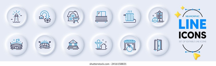 New house, Lighthouse and Construction building line icons for web app. Pack of Radiator, Market, Balcony pictogram icons. Moving service, Open door, Court building signs. Sports arena. Vector