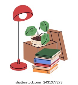 New house moving box. Carton box with personal stuff, cardboard box with books, lamp and pot plant flat vector illustration. Home moving box on white