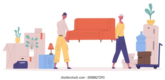 New house moving. Relocation service characters carrying sofa and household boxes, movers pulling furniture vector illustration. People moving new house. Loaders holding couch into apartment