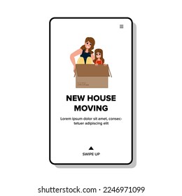 new house moving vector. apartment relocation, home family, couple woman, cardboard new house moving web flat cartoon illustration