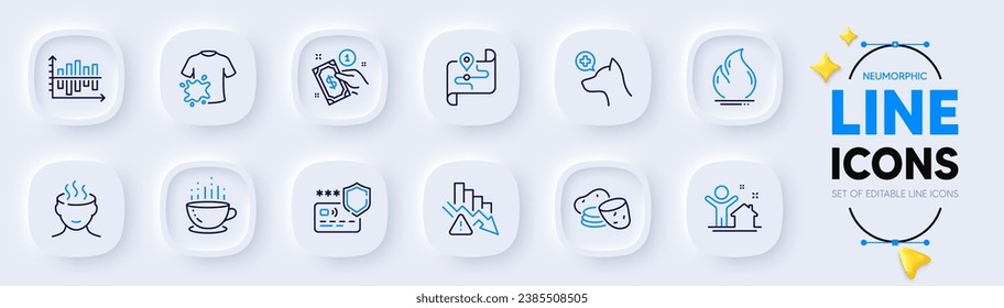 New house, Payment method and Potato line icons for web app. Pack of Payment protection, Deflation, Diagram chart pictogram icons. Stress, Map, Coffee cup signs. Fire energy. Vector