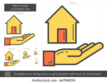 New house purchase vector line icon isolated on white background. New house purchase line icon for infographic, website or app. Scalable icon designed on a grid system.