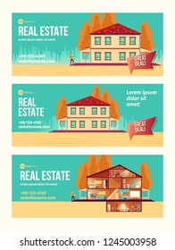 Nueva casa de compra de caricaturista vectorial y banner conjunto con fachada de cabaña y salas de corte transversal ilustración del plan. Oferta del proyecto de vivienda llave en mano. Agencia inmobiliaria, fletamento promocional de la empresa constructora