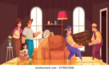 New house room interior cartoon composition with family watching moving company packers carrying furniture belongings vector illustration