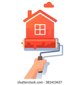 New house symbol metaphor. Roller paint painting home shape. Flat style modern vector illustration.