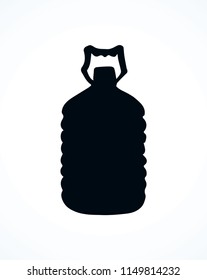 New huge blue capped jug flask isolated on white background. Dark ink hand drawn logotype pictogram emblem in art retro engraved etching print style. View closeup with space for text on label