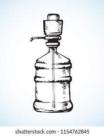 New huge blue capped jug flask isolated on white background. Freehand outline ink hand drawn logo pictogram sketchy in art retro scribble style pen on paper. View closeup with space for text on label