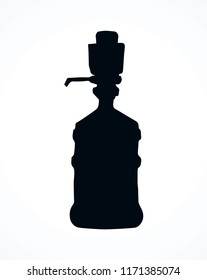 New huge blue capped jug flask isolated on white background. Dark ink hand drawn logotype pictogram emblem in art retro engraved etching print style. View closeup with space for text on label