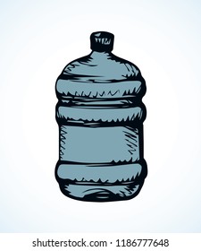 New huge blue capped jug flask isolated on white background. Freehand outline ink hand drawn logo pictogram sketchy in art retro scribble style pen on paper. View closeup with space for text on label