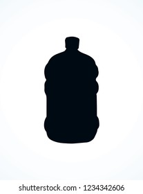 New huge blue capped jug flask isolated on white background. Dark ink hand drawn logotype pictogram emblem in art retro engraved etching print style. View closeup with space for text on label