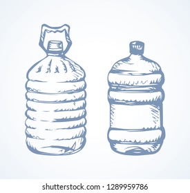New huge blue capped jug flask isolated on white background. Freehand outline ink hand drawn logo pictogram sketchy in art retro scribble style pen on paper. View closeup with space for text on label