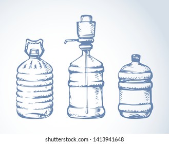 New huge blue capped jug flask isolated on white background. Freehand outline ink hand drawn logo pictogram sketchy in art retro scribble style pen on paper. View closeup with space for text on label
