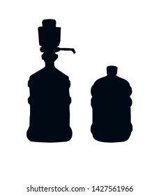 New huge blue capped jug flask object on white background. Dark ink hand drawn logotype pictogram emblem insignia in art retro engraved etching print style. View closeup with space for text on label