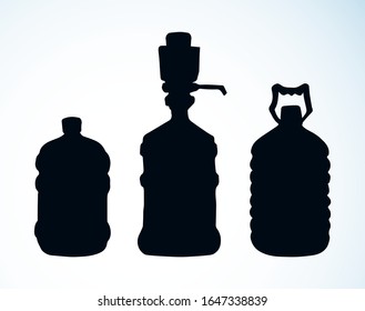 New huge blue capped jug flask. Dark ink hand drawn large purity health flat logotype pictogram emblem design in art retro cartoon engrave contour print style. View closeup light text space on label