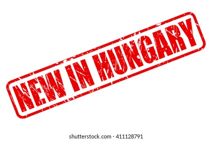 NEW IN HUNGARY red stamp text on white