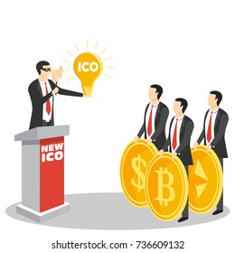 New ICO or initial coin offering concept vector illustration. New cryptocurrency project promotion. Fraud and deceit with ICO