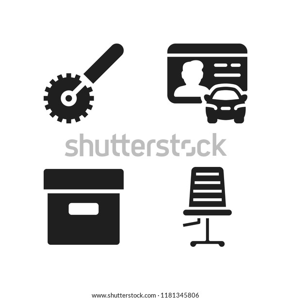 new icon. 4 new\
vector icons set. box, pizza cutter and driver license icons for\
web and design about new\
theme
