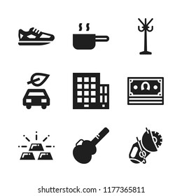 new icon. 9 new vector icons set. rack, running shoes and money icons for web and design about new theme