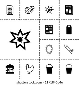 New icon. collection of 13 new filled and outline icons such as carousel, news, fireworks, chicken, beef, sim card, bucket, tag. editable new icons for web and mobile.