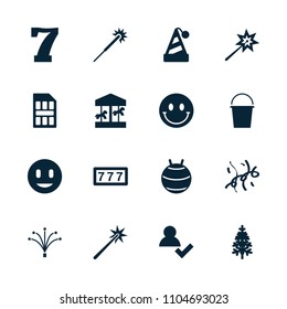 New icon. collection of 16 new filled icons such as 7 number, sparklers, add user, party hat, carousel, pine-tree, fireworks, confetti. editable new icons for web and mobile.