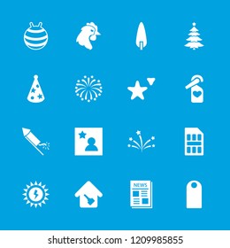 New icon. collection of 16 new filled icons such as pine-tree, news, fireworks, party hat, favorite photo, home key, sim card, chicken. editable new icons for web and mobile.