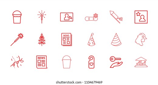 New icon. collection of 18 new outline icons such as sparklers, bucket, news, pine-tree, heart tag, sparkler, confetti, favorite photo. editable new icons for web and mobile.