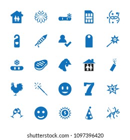 New icon. collection of 25 new filled icons such as chicken, smile, add user, sparklers, snowflake, family house, heart tag, fireworks. editable new icons for web and mobile.