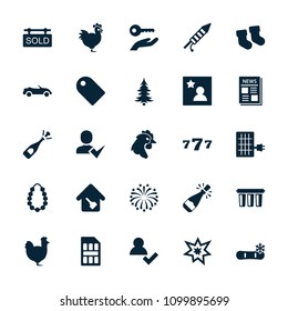 New icon. collection of 25 new filled icons such as chicken, baby socks, add user, opened champagne, news, fireworks, garland. editable new icons for web and mobile.