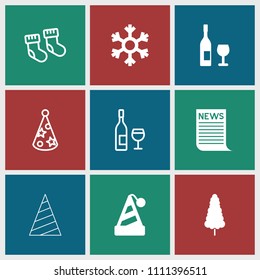 New icon. collection of 9 new filled and outline icons such as party hat, snowflake, wine glass and bottle, baby socks, news. editable new icons for web and mobile.