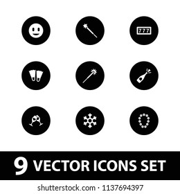 New icon. collection of 9 new filled icons such as 7 number, sparklers, opened champagne, flippers, snowflake, smile, clink glasses. editable new icons for web and mobile.