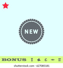 New icon flat. Grey pictogram on blue background. Vector illustration symbol and bonus buttons medal, cow, earth, eye, calculator