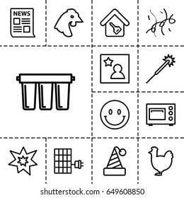 New icon. set of 13 outline newicons such as chicken, sparklers, fireworks, confetti, favorite photo, home key, microwave, filter, solar panel, smiley, news