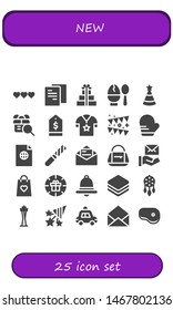 new icon set. 25 filled new icons.  Simple modern icons about  - Life, File, Gifts, Egg, Party hat, Gift, Tag, Shirt, Garland, Mitten, Mail, Bag, Gift bag, Notification, Layers