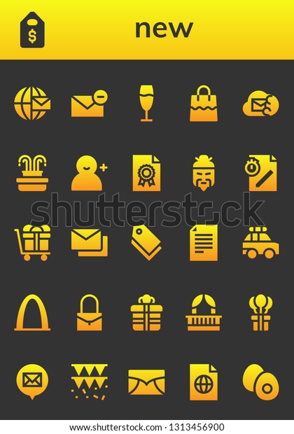 new icon set. 26 filled\
new icons.  Collection Of - Email, Price tag, Champagne, Bag,\
Fountain, Add user, File, Chinese, Gift, Mails, Tag, Police car,\
Balcony, Garland