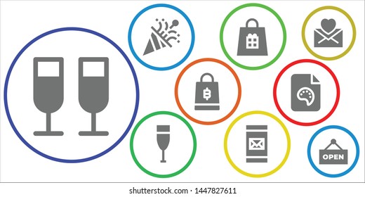 new icon set. 9 filled new icons.  Collection Of - Champagne, Confetti, Shopping bag, Email, File, Mail, Open