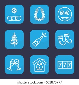 new icon. Set of 9 outline new icons such as baby socks, 7 number, pine-tree, clink glasses, smiley, garland, opened champagne, family house