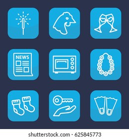 New icon. set of 9 outline new icons such as chicken, baby socks, clink glasses, sparkler, garland, microwave, key on hand, news