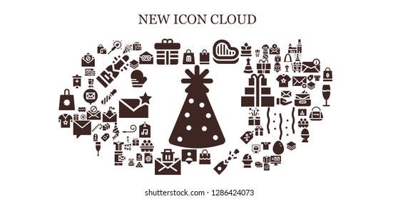  new icon set. 93 filled new icons. Simple modern icons about  - Party hat, Shopping bag, Sparkler, Gift, Steak, Bag, Champagne, Followers, Mail, Shirt, Banner, Confetti, Layers