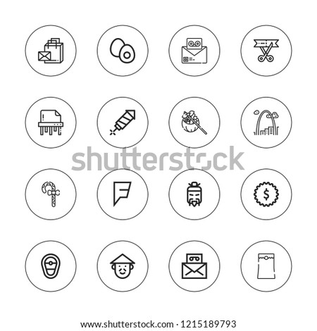 New icon set. collection of 16 outline new icons with badge, boiled egg, candy cane, chinese, email, fireworks, file, gateway arch, foursquare, gift, mail, inauguration icons.