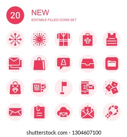new icon set. Collection of 20 filled new icons included Fireworks, Tshirt, Shopping bag, Shirt, Messages, Notification, Inbox, Files, Mail, Corner, Ice, Email, Attached file