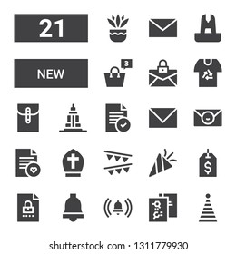 new icon set. Collection of 21 filled new icons included Party hat, File, Notification, Label, Confetti, Garlands, Pope, Email, Empire state, Mail, Shirt, Shopping bag, Fountain svg