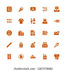 new icon set. Collection of 25 filled new icons included Shirt, Shopping bag, Police car, File, Banner, Confetti, Mail, Email, Notification, Fountain, Champagne, Garlands, Cracker