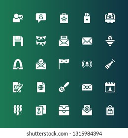 new icon set. Collection of 25 filled new icons included Shopping bag, Email, Inbox, File, Confetti, Birthday, Mail, Ladle, Champagne, Notification, Party, Gateway arch, Garlands