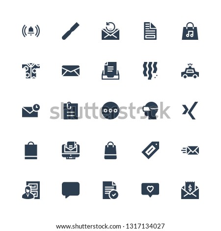 new icon set. Collection of 25 filled new icons included Mail, Notification, File, Message, Files, Email, Label, Shopping bag, Xing, Vr glasses, Attached file, Police car, Confetti